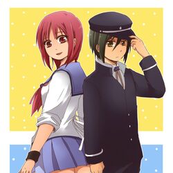  1girl angel_beats! brown_eyes green_hair hat iwasawa naoi_ayato oguma_(rapture) red_eyes red_hair redhead school_uniform serafuku short_hair sleeves_rolled_up 