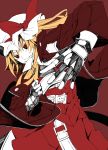  bad_id belt belt_buckle biting blonde_hair bow cosplay devil_may_cry fingerless_gloves flandre_scarlet gloves hat hat_ribbon jacket mouth_hold partially_colored red_background red_eyes ribbon short_hair side_ponytail simple_background skirt skirt_set smile solo torio_k touhou 