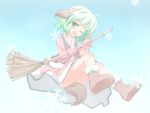  animal_ears bamboo_broom boots bow broom dress fang green_eyes green_hair highres kasodani_kyouko mittens open_mouth shino_megumi short_hair snow solo tail touhou wild_and_horned_hermit wink 