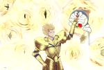  armor axe crossover doraemon doraemon_(character) fate/stay_night fate/zero fate_(series) gate_of_babylon gilgamesh highres sweatdrop sword tongue weapon 