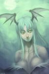  bare_shoulders bat bat_wings capcom collarbone demon_girl fog full_moon green green_eyes green_hair head_wings long_hair moon morrigan_aensland smile solo speh succubus vampire_(game) wings 