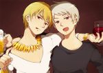  2boys :p axis_powers_hetalia beer blonde_hair bracelet crossover cup fate/stay_night fate/zero fate_(series) jewelry multiple_boys namesake necklace prussia_(hetalia) re-ema red_eyes silver_hair tankard tongue white_hair wine wine_glass 