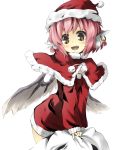  alternate_costume alternate_eye_color animal_ears brown_eyes capelet dress earrings fang hat highres jewelry leaning_forward long_sleeves mystia_lorelei open_mouth pink_hair red_dress sack santa_costume santa_hat short_hair simple_background smile solo touhou urimono white_background wings 