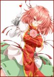  archienemy bandage bandages blush border bun_cover chinese_clothes double_bun dress flower hand_on_hip heart hips ibara_kasen ibaraki_kasen pink_eyes pink_hair red_border rose shackle short_hair solo tabard touhou wink 