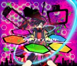  black_hair ene_(kagerou_project) gas_mask headphone_actor_(vocaloid) headphones hexagon highres long_hair mameshiba29 playstation_portable red_eyes solo twintails vocaloid 