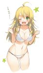  ;d ahoge bikini blonde_hair breasts cleavage clenched_hands cropped_legs green_eyes hoshii_miki idolmaster kippu large_breasts long_hair navel open_mouth smile solo star swimsuit white_background white_bikini wink 
