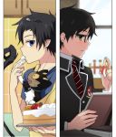  ao_no_exorcist black_hair blue_eyes blush brothers cake cat food glasses green_eyes hair_ornament hairclip kuro_(ao_no_exorcist) kurot multiple_boys okumura_rin okumura_yukio short_hair siblings strawberry_shortcake strawberry_shortcake_(food) tail test_tube 