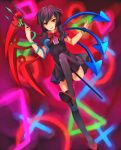  asymmetrical_wings black_hair black_legwear bowtie danmaku highres houjuu_nue kanta_(co2co8) long_hair neon_(co2co8) playstation polearm red_eyes snake solo spear thigh-highs thighhighs touhou trident weapon wings zettai_ryouiki 