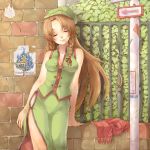  alternate_hair_color braid breasts brown_hair china_dress chinese_clothes cleavage closed_eyes hat highres hong_meiling lips long_hair pole poster poster_(object) ribbon rojiko scarf solo star touhou twin_braids wall 