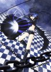  arm_cannon belt black_hair black_rock_shooter black_rock_shooter_(character) blue_eyes boots chain chains coat glowing glowing_eyes long_hair navel scar shorts solo twintails weapon yules 
