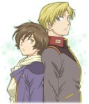  back-to-back banagher_links blonde_hair blue_eyes brown_hair gundam gundam_unicorn hoodie jacket military military_uniform multiple_boys outline redpipin riddhe_marcenas short_hair uniform yellow_eyes 