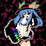 blue_hair blush hat hinanawi_tenshi long_hair moyashi_(artist) open_mouth red_eyes skirt skirt_tug solo star starry_background touhou wind wind_lift wink