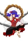 anklet jewelry lowres outstretched_arm pointing purple_hair rope sandals serious shimenawa short_hair sitting skirt solo soumendaze touhou watermark yasaka_kanako