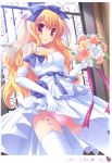  absurdres blonde_hair blue_rose blush bouquet choker copyright_request dress elbow_gloves flower garter_straps gloves highres ikegami_akane panties pink_panties red_eyes rose skirt skirt_lift solo thigh-highs thighhighs underwear wedding_dress white_dress white_gloves white_legwear window 