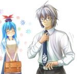  1boy 1girl ahoge apron belt blush briefcase bust couple glasses hat hinami_(hinatamizu) husband_and_wife jewelry kamishirasawa_keine long_hair married morichika_rinnosuke necktie ring smile suitcase sweat touhou wedding_band wedding_ring 