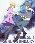  1girl audrey_burne banagher_links brown_eyes brown_hair green_eyes gundam gundam_unicorn hand_holding holding_hands hoodie jacket lydi_(dd) orange_hair short_hair 