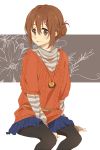  alternate_hairstyle brown_eyes brown_hair hair_bun hirasawa_yui k-on! karuha pantyhose sitting striped_sweater sweater tongue 