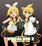  1girl aqua_eyes arm_warmers blonde_hair brother_and_sister character_name denim denim_shorts detached_sleeves deyezi hair_ornament hair_ribbon hairclip hand_holding headphones headset holding_hands kagamine_len kagamine_rin navel necktie open_mouth ribbon short_hair shorts siblings smile twins vocaloid wink 