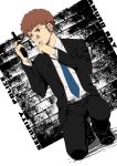  ar_(rikuesuto) brown_eyes brown_hair formal gun gundam handgun necktie suit weapon 
