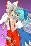  adjusting_hair blue_eyes blue_hair bow cirno eye_contact fujiwara_no_mokou grey_hair hair_bow hand_holding holding_hands ice ice_wings kannazuki_no_miko long_hair looking_at_another multiple_girls parody puffy_sleeves quiet696 red_eyes short_hair smile style_parody touhou wind wings yuri 