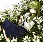  blue_eyes detached_sleeves flower flower_field frog gohei green_hair hair_ornament hair_tubes kochiya_sanae long_hair rain rin_(royal) shirt sitting skirt solo touhou 