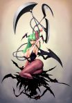  absurdres alxndr-art arm_up armpits artist_request bat bat_wings blade boots bridal_gauntlets capcom chain chains demon_girl green_hair head_wings high_heels highres lips lipstick looking_at_viewer makeup morrigan_aensland mouth_hold pantyhose shoes sitting solo succubus vampire_(game) wings 