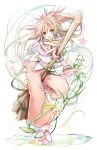  arche_klein bracelet broom broom_riding brown_eyes flower gloves jewelry long_hair messy_hair pants pink_hair ponytail shino_(eefy) shoes smile solo star star-shaped_pupils symbol-shaped_pupils tales_of_(series) tales_of_phantasia 