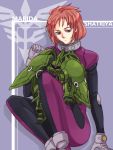  1girl character_name chibi gundam gundam_unicorn hisui_(paingumi) kshatriya long_hair marida_kruz mecha pilot_suit ponytail purple_eyes red_hair redhead solo violet_eyes 