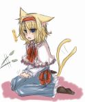  alice_margatroid animal_ears belt blonde_hair blue_dress blue_eyes capelet cat_ears cat_tail cat_teaser dress fang hairband kemonomimi_mode open_mouth sash short_hair simple_background sitting solo sy0610 tail tail_wagging touhou white_background yuuta_(monochrome) 
