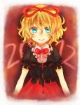  1girl 2012 bad_id blonde_hair blouse blue_eyes border bow hair_bow looking_at_viewer medicine_melancholy red_background short_hair skirt smile solo touhou 