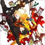  armor bad_id blonde_hair brown_eyes brown_hair cake cape card chair cross earrings falling fate/stay_night fate/zero fate_(series) food gilgamesh jewelry kotomine_kirei kuroihato male multiple_boys playing_card red_eyes spill wine 
