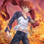  1boy brown_eyes emiya_shirou fate/stay_night fate_(series) fire klenow male navel raglan_sleeves red_hair redhead short_hair sword type-moon unlimited_blade_works weapon 