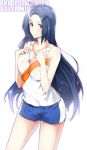  bare_shoulders blue_hair blush breasts cleavage collarbone highres idolmaster large_breasts long_hair looking_at_viewer miura_azusa nanao purple_eyes see-through shirt shorts simple_background smile solo standing violet_eyes wet white_background 