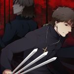  2boys black_keys brown_eyes brown_hair cross dual_persona fate/stay_night fate/zero fate_(series) kotomine_kirei male multiple_boys sndokome throwing_knife trench_coat weapon young 