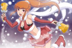  amemiya_sayaka bell boots breasts brown_hair cheerleader christmas cleavage detached_sleeves hamu_agaki midriff navel open_mouth osu!_tatakae!_ouendan pink_eyes ponytail santa_boots scarf skirt smile solo 