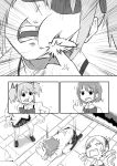  anger_vein cheek_poke comic drill_hair hair_ornament hair_ribbon hairclip highres hiiragi_shou injury kaname_madoka mahou_shoujo_madoka_magica miki_sayaka monochrome multiple_girls ouch poking ribbon school_uniform short_hair short_twintails silent_comic thighhighs tomoe_mami twin_drills twintails 