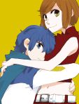  1girl blue_eyes blue_hair breast_pillow brown_eyes brown_hair hug kaito madder meiko navel scarf short_hair smile vocaloid 