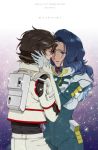  1girl ar_(rikuesuto) banagher_links blue_eyes blue_hair brown_hair closed_eyes couple dark_skin eyes_closed green_eyes gundam gundam_unicorn hand_on_another's_face hands_on_another&#039;s_face highres light_particles long_hair loni_garvey pilot_suit tears 