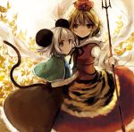  animal_ears blonde_hair brown_dress brown_hair capelet dress gem grey_hair hair_ornament jewelry mouse_ears mouse_tail multicolored_hair multiple_girls nazrin necklace pendant polearm red_eyes rin_(royal) shawl shirt short_hair skirt skirt_set spear tail tiger_print toramaru_shou touhou trident two-tone_hair weapon 