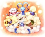  &gt;_&lt; altaria bird closed_eyes cottonee creature drifloon flaaffy horns jumpluff kuo looking_at_viewer mareep no_humans pokemon pokemon_(creature) pokemon_(game) pokemon_bw pokemon_dppt pokemon_gsc pokemon_rse sheep sitting smile sparkle swablu whimsicott wink 