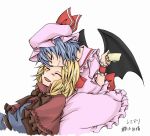  alice_margatroid bat_wings blonde_hair blue_dress blue_eyes capelet closed_eyes cup dress eyes_closed fang forehead_kiss hairband hat hat_ribbon kiss multiple_girls open_mouth pink_dress remilia_scarlet ribbon short_hair smile sy0610 teacup touhou wings wrist_cuffs yuuta_(monochrome) 
