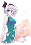  bare_legs blue_eyes bob_cut breasts dress_shirt feet footwear hairband highres konpaku_youmu konpaku_youmu_(ghost) large_breasts naturalton shirt silver_hair sitting skirt socks soles solo thigh-highs thighhighs touhou untied vest white_hair white_legwear 