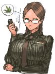  1girl bangs breasts brown_hair drugs glasses glasses_girl_(nameo) green_eyes highres jojo_no_kimyou_na_bouken large_breasts long_hair nameo_(judgemasterkou) necktie original parted_bangs semi-rimless_glasses smile smoke speech_bubble taut_clothes twintails under-rim_glasses 