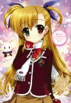  blonde_hair coat fujima_takuya green_eyes heterochromia highres lyrical_nanoha mahou_shoujo_lyrical_nanoha mahou_shoujo_lyrical_nanoha_vivid mittens red_eyes sacred_heart scarf two_side_up vivio 