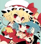  bad_id bat_wings blonde_hair blue_hair fang flandre_scarlet hand_on_another&#039;s_face hand_on_another's_face haru_(kyou) hat hug multiple_girls open_mouth ponytail red_eyes remilia_scarlet short_hair siblings side_ponytail sisters smile sweatdrop touhou wings wrist_cuffs 