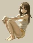  aro_(charged_time_out) bare_shoulders barefoot brown_eyes brown_hair face feet long_hair original shorts simple_background solo 