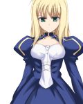  alternate_hairstyle blonde_hair dress fate/stay_night fate_(series) green_eyes hair_down long_hair saber simple_background solo syou_(crecre) 