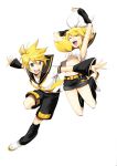  blonde_hair blue_eyes breasts closed_eyes detached_sleeves eyes_closed hair_ornament hairclip happy hirococo hirococo_(hakka) jumping kagamine_len kagamine_rin no_bra outstretched_arms short_shorts shorts siblings spread_arms twins under_boob underboob vocaloid 