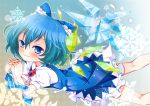  bad_id blue_eyes blue_hair cirno fingers_together hair_ribbon ice ice_wings nekosugiayana on_stomach ribbon solo touhou wings wrist_ribbon 