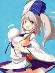  arm_up blueberry_(5959) bouncing_breasts breasts bust grey_eyes hat highres japanese_clothes kariginu large_breasts mononobe_no_futo no_bra short_hair side_ponytail sideboob silver_hair simple_background solo touhou 